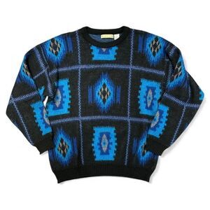 Vintage Adam Sloane Sweater Mens L Blue Aztec Southwest Pullover Knit 80s 90s